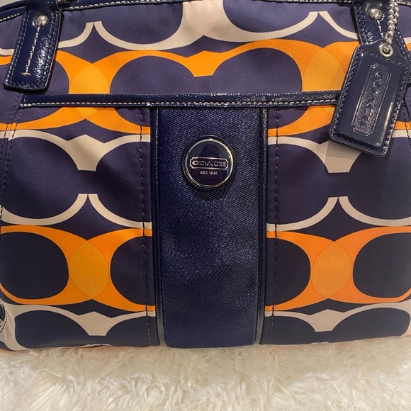 Coach Signature Satchel Navy and Orange Handbag With Leather Trim. COA! - Picture 2 of 11